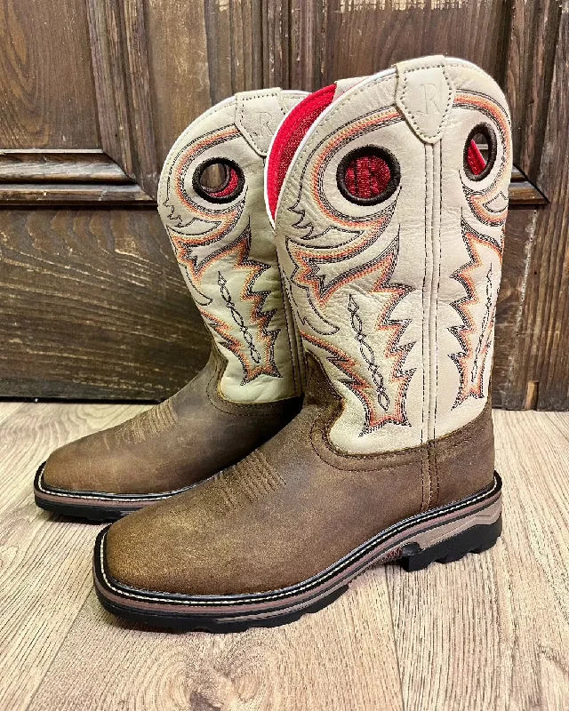 Men's work & safety boots with a durable rubber outsole for traction on rough terrainR. Watson Men's Chesnut Distressed Buffalo & Ivory Bone Cowboy Work Boots RW1011