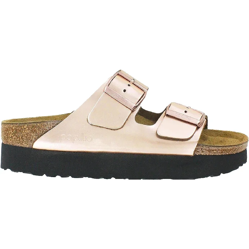 Men's sandals with a contrast stitching detailWomen's Birkenstock Papillio Arizona Platform Copper Metallic Leather