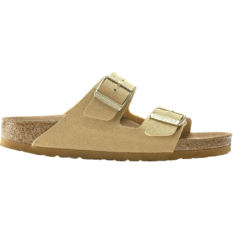 Men's sandals with a stretchy strap for a better fitWomen's Birkenstock Arizona Vegan Latte Cream Birkibuc