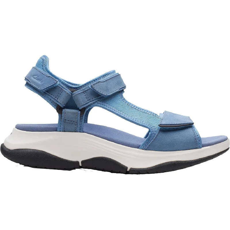 Men's sandals with a perforated leather upper for ventilationWomen's Clarks Wave 2.0 Skip Blue Combi Textile/Nubuck