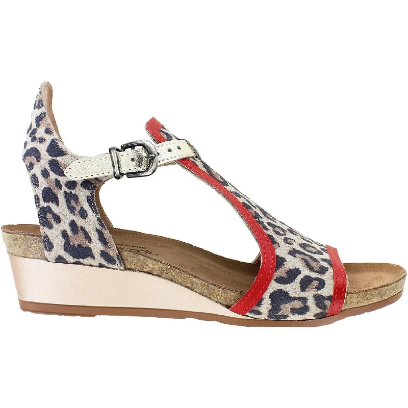 Men's sandals with a decorative buckle or charmWomen's Naot Fiona Cheetah/Kiss Red/Radiant Gold Suede/Leather