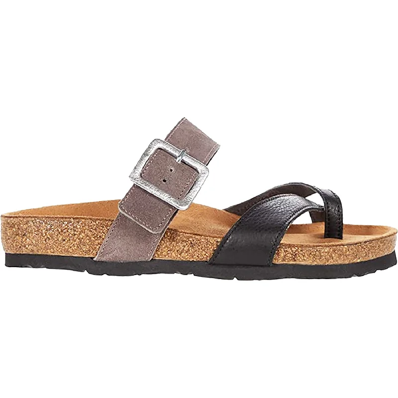 Men's sandals with a toe post designWomen's Naot Fresno Soft Black Leather/Taupe Grey Suede