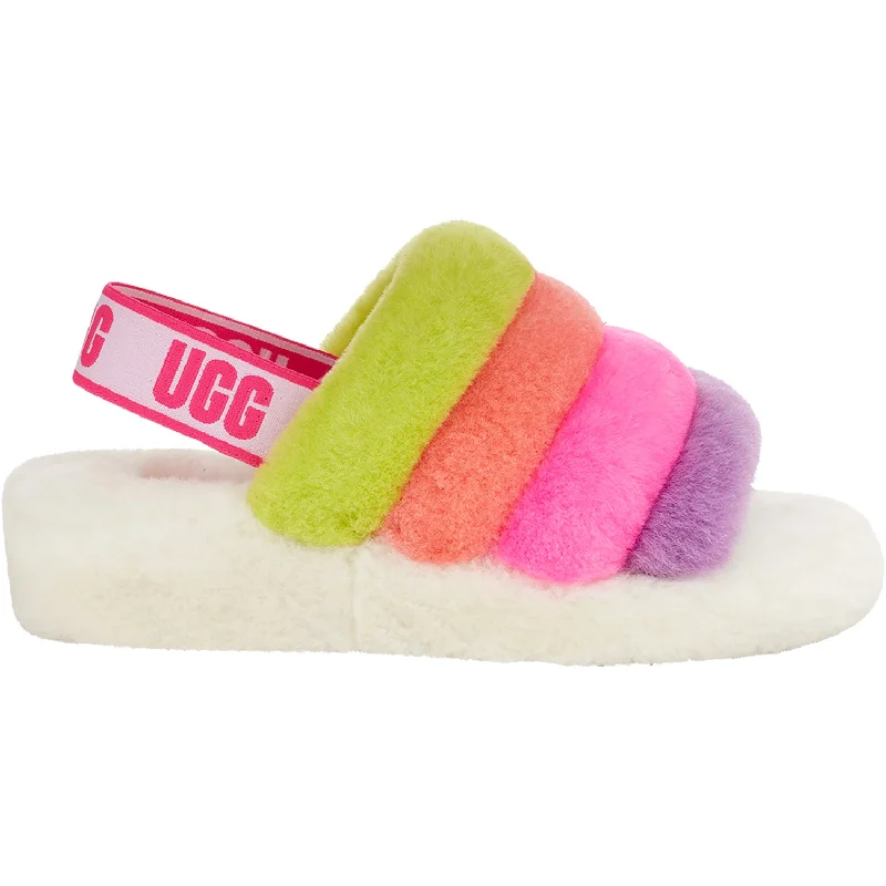 Men's sandals in a neutral color like black or brownWomen's UGG Fluff Yeah Slide White Multi Sheepskin