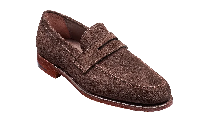 Men's loafers with a leather lacing systemBarker Jevington Suede Loafer Shoes- Bitter Chocolate