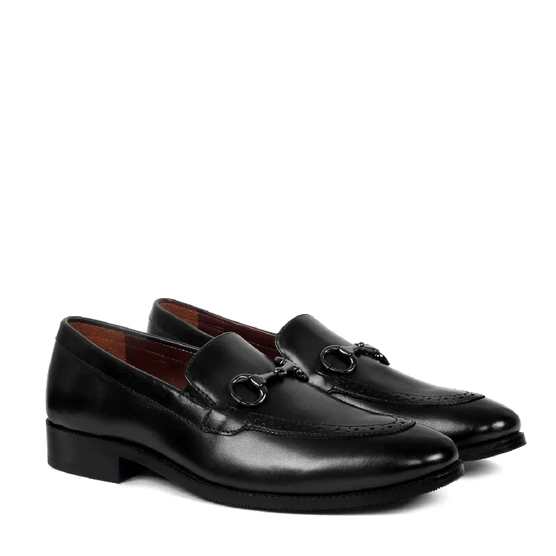 Men's loafers with a stretchy side panel for a better fitPunching Brogue Men's Loafers with Horse-bit Buckle Black Leather