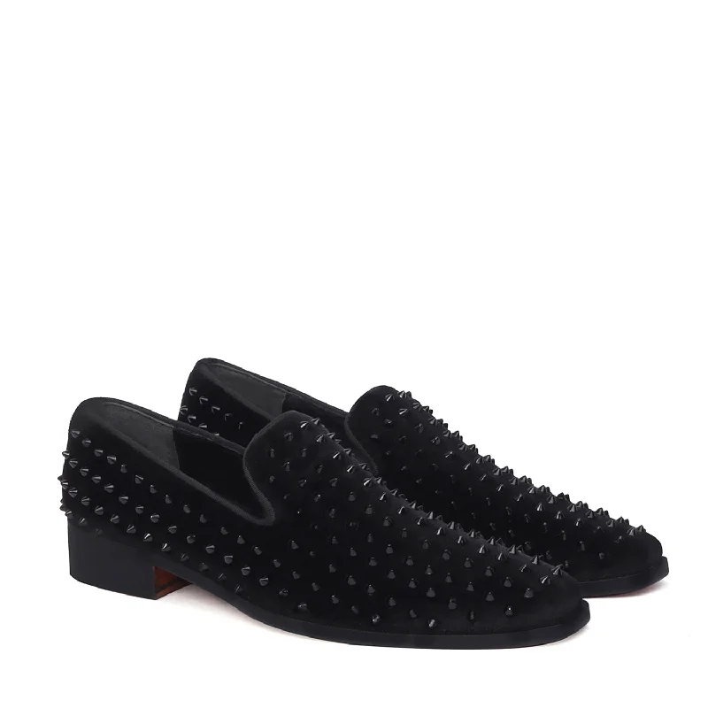 Men's loafers with a tassel front for a classic lookBlack Studded Sleek Toe Italian Velvet Loafer For Men by Brune & Bareskin