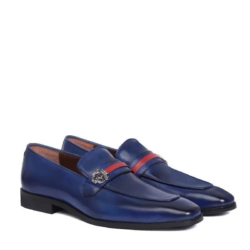 Suede men's loafers for a soft and luxurious feelBlue Leather Slip-On with Lion Badge & Contrasting Red/Blue Strap