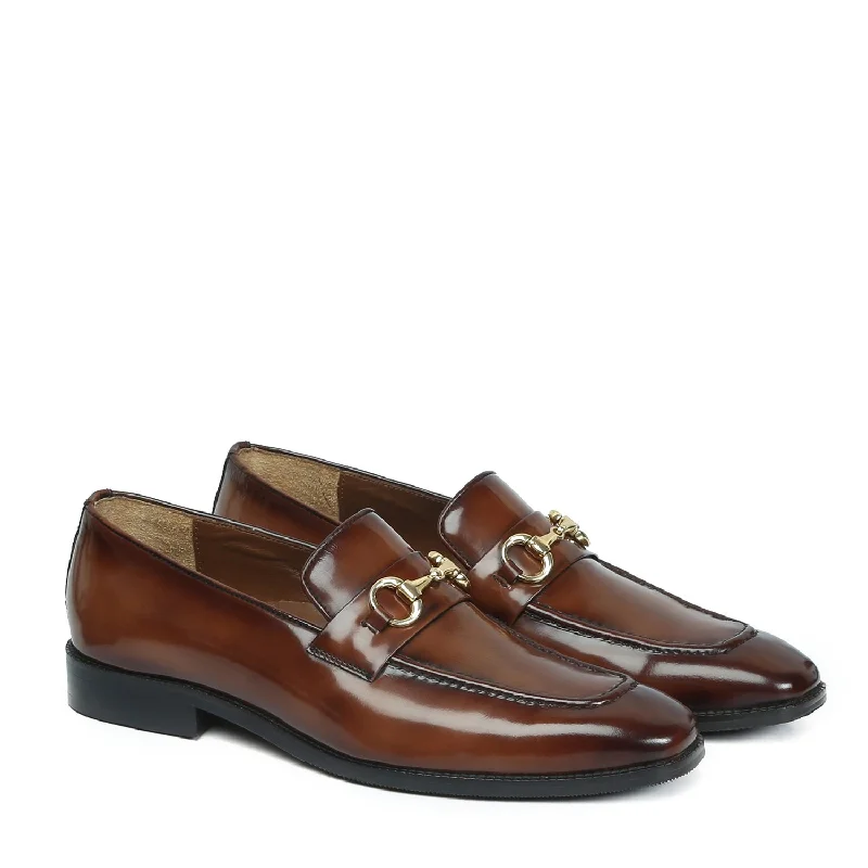 Men's loafers in a neutral color like black or brownBrown Brush Off Leather Penny Loafers With Horse-bit Buckle