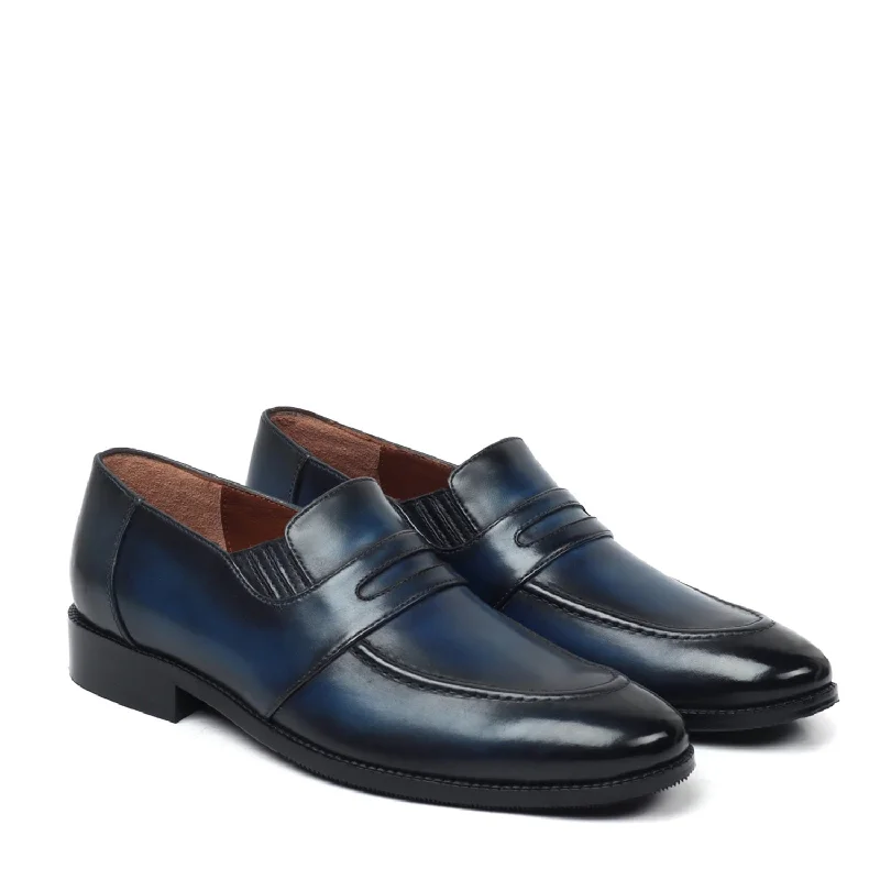 Men's loafers with a leather lining for comfortBurnished Darker Blue Penny Loafers in Genuine Leather