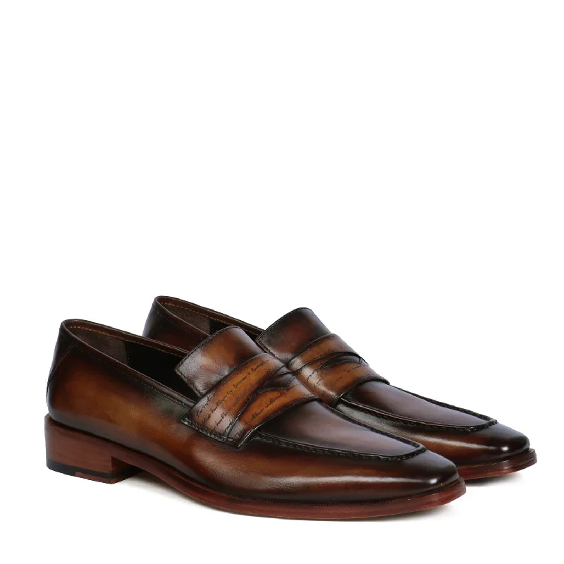 Men's loafers with a perforated leather upper for ventilationCognac Sleek Toe Leather Loafers with Contrasting Darker Laser Engraved Strap