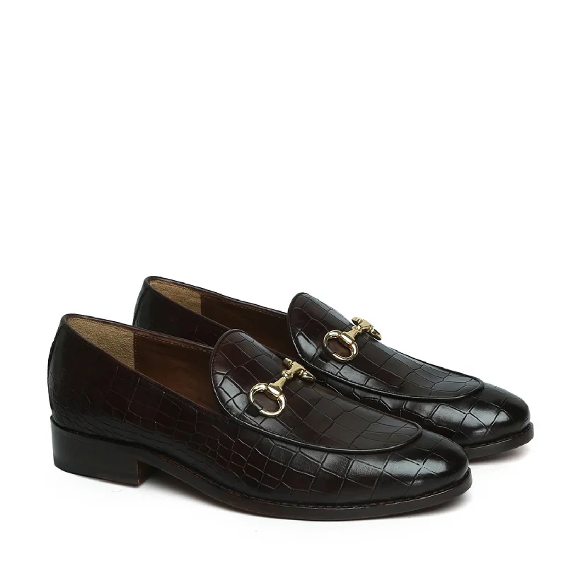 Men's loafers in a neutral color like black or brownHorse-bit Buckled Loafers In Dark Brown Deep Cut Leather