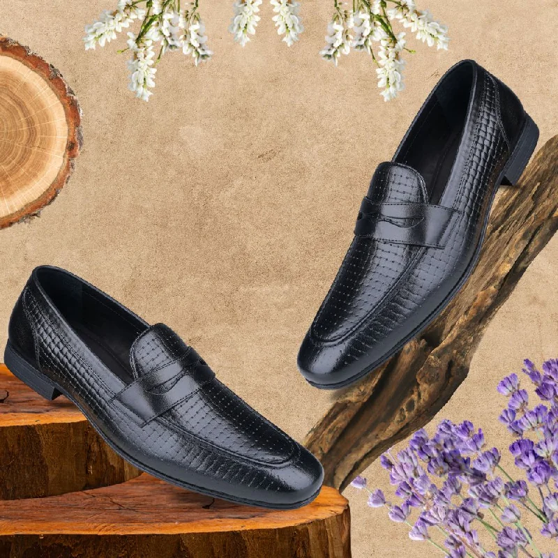 Men's loafers with a low - heeled designEzok Leather Black Casual Loafer Shoes For Men