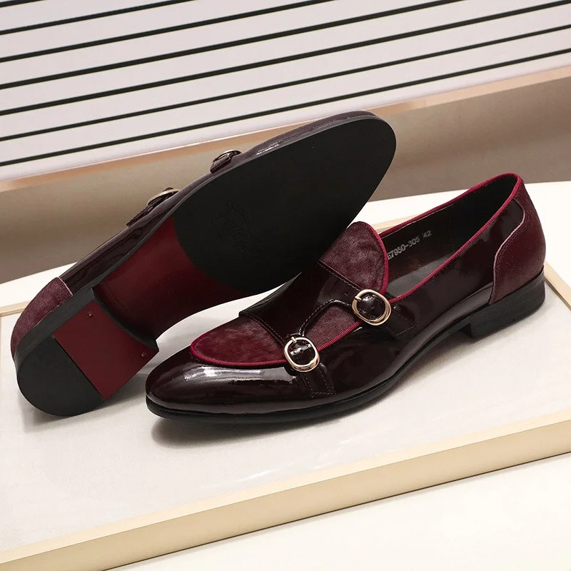 Men's loafers with a rubber sole for durabilityIl Doppione - Red bottom sole Double Monk-strap Patent Leather Loafers