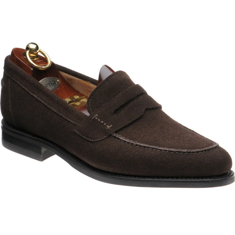 Men's loafers with a removable insole for cleaningLOAKE 356 Classic apron penny Loafer - Dark Brown Suede