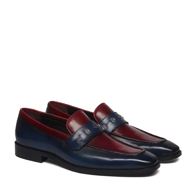 Men's loafers in a neutral color like black or brownTwo Tone Penny Loafer in Blue-Wine Designer Formal Slip-On Shoes