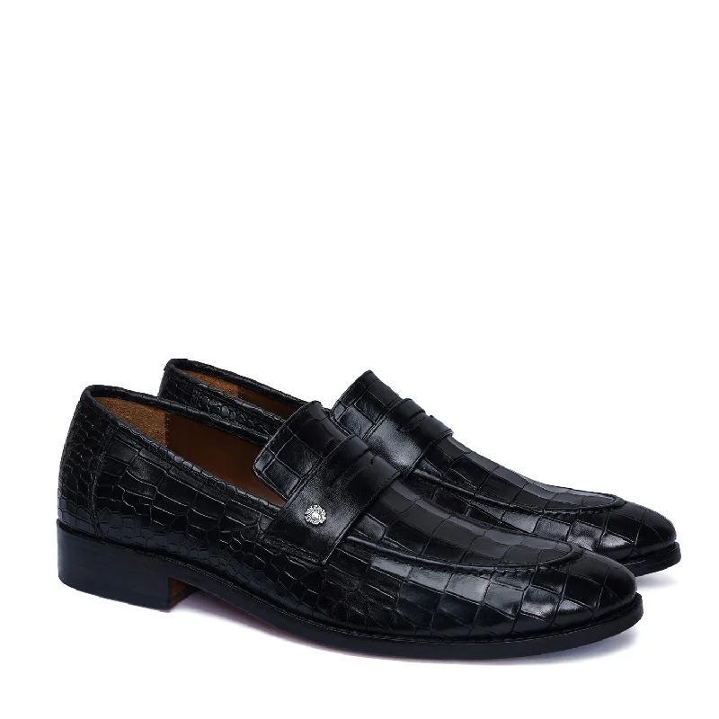 Men's loafers with a decorative buckleMod Look Penny Loafers with Triangular Cut-Strap in Black High Quality Croco Textured Leather