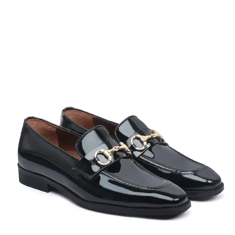 Men's loafers with a contrast stitching detailPatent Black Leather Horse-bit Penny Loafers