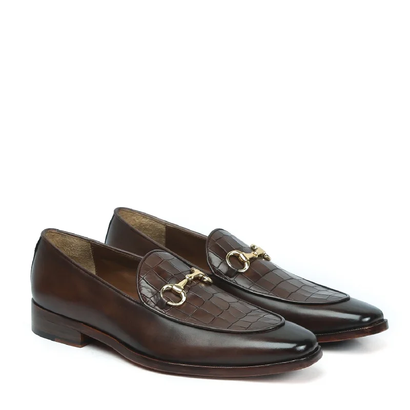 Men's loafers with a memory foam insoleSquared Toe Brown Horse-bit Loafers With Deep Cut Croco Textured Leather at Vamp