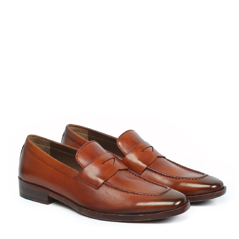 Men's loafers with a cushioned footbedTan Leather Penny Loafers with Triangular Cut-Strap