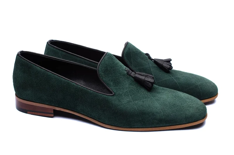 Men's loafers with a leather lacing systemThe Diamanté Suede Loafers - Emerald Green