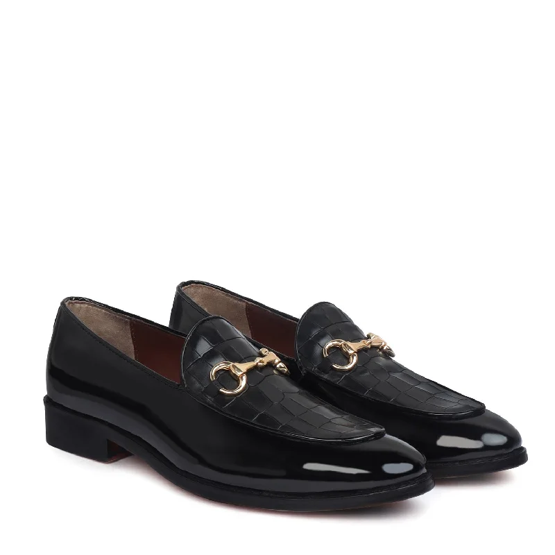 Men's loafers with a memory foam insoleBlack Patent Leather Loafer with Deep Cut Design at Vamp