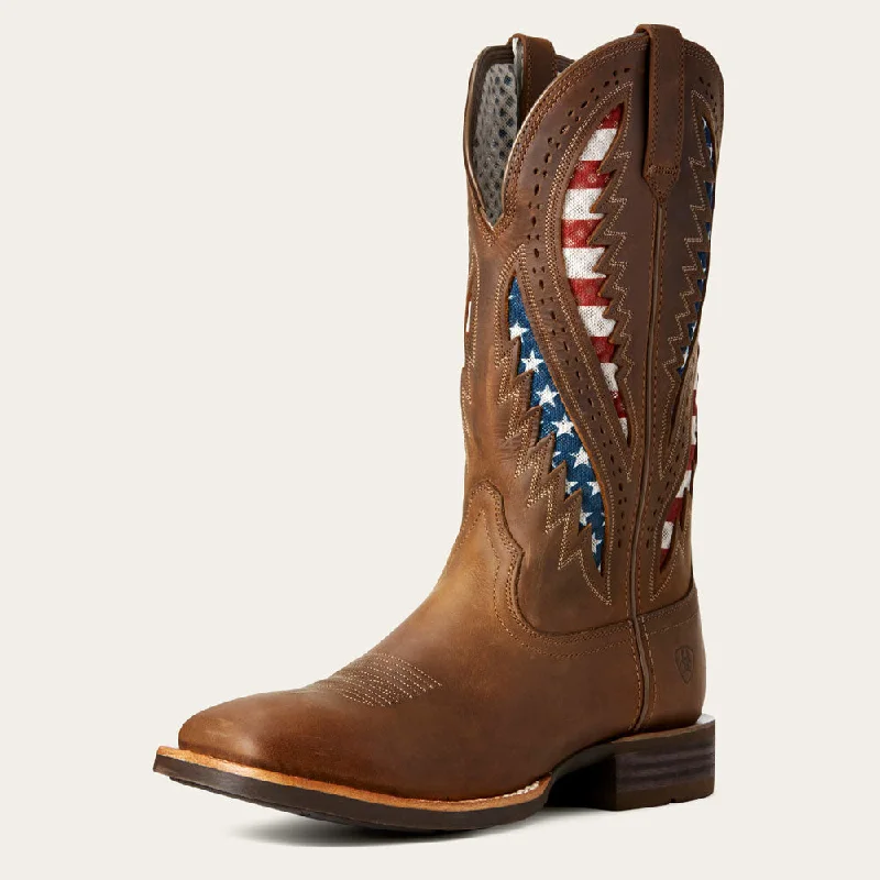 Men's western boots with a concho - studded strap and a pointed toe10027165 Ariat Men's Quickdraw VenTEK Cowboy Boot - Distressed Brown with Patriotic