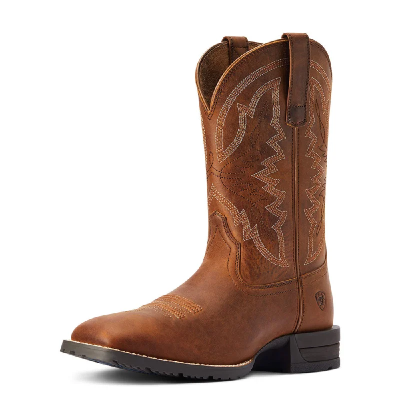 Men's western boots with a tooled leather design on the shaft10042395 Ariat Men's Hybrid Ranchwork Square Toe Western Boot - Thatch Brown