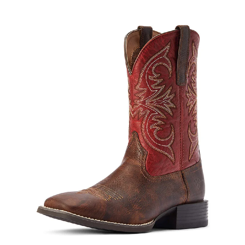 Men's western boots with a decorative concho belt and buckle10042391 Ariat Men's Sport Pardner Western Cowboy Boot Wide Square Toe - Matte Rebel Brown/Blood Red