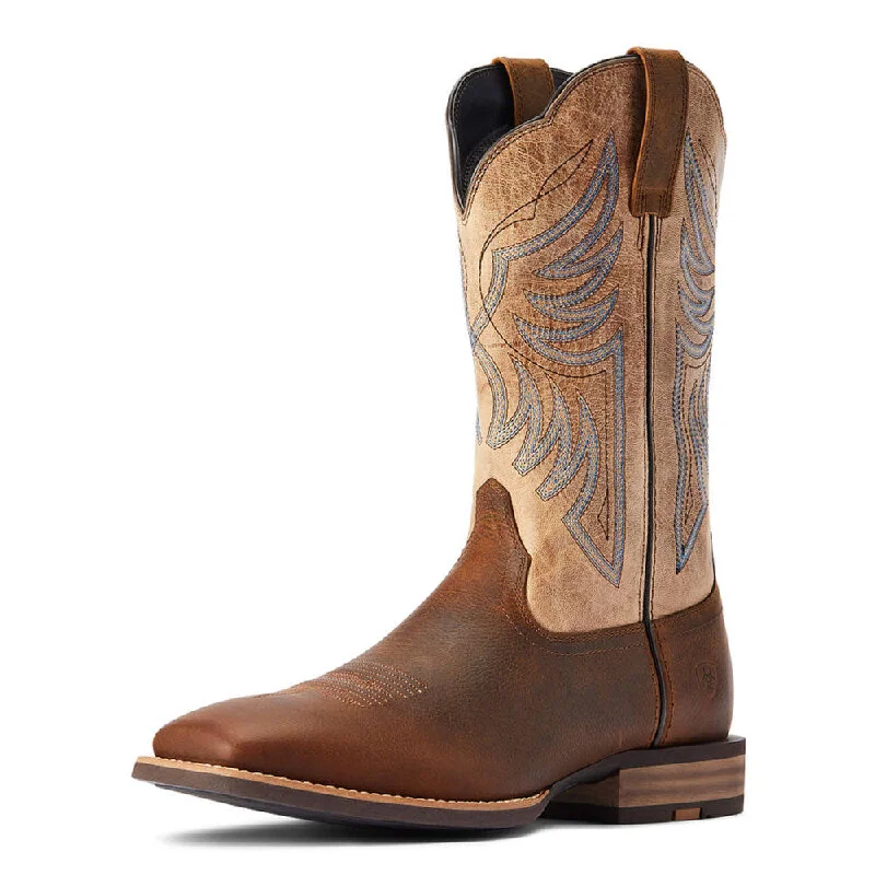 Men's western boots with a high - heeled design and a pointed toe10042436 Ariat Men's Everlite Wide Square Toe Cowboy Boot - Whole Wheat/ Sand Dollar