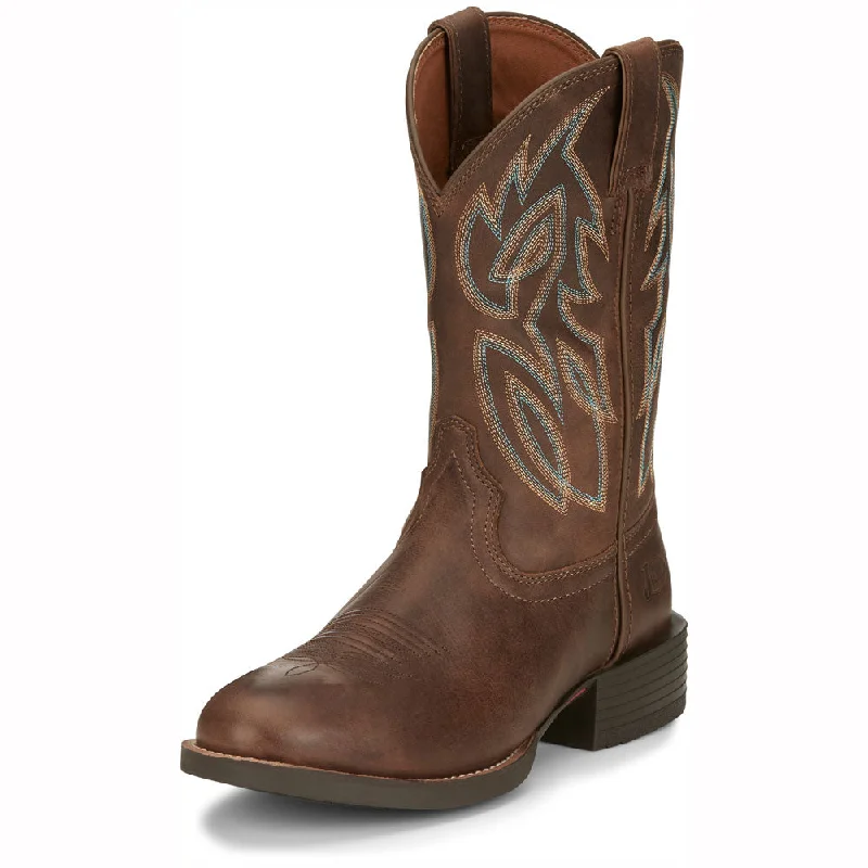 Men's western boots with a concho - studded strap and a pointed toeSE7530 Justin Men's Rendon Round Toe Cowboy Boot - Pecan