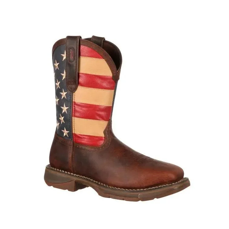 Men's western boots in a rich brown or black leatherDURANGO STEEL TOE  AMERICAN FLAG WESTERN  BOOT DB020