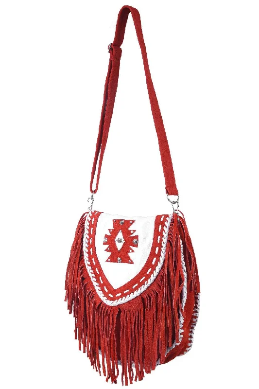 Ladies Red Suede Leather Western Style Handbag With Fringes and Studs