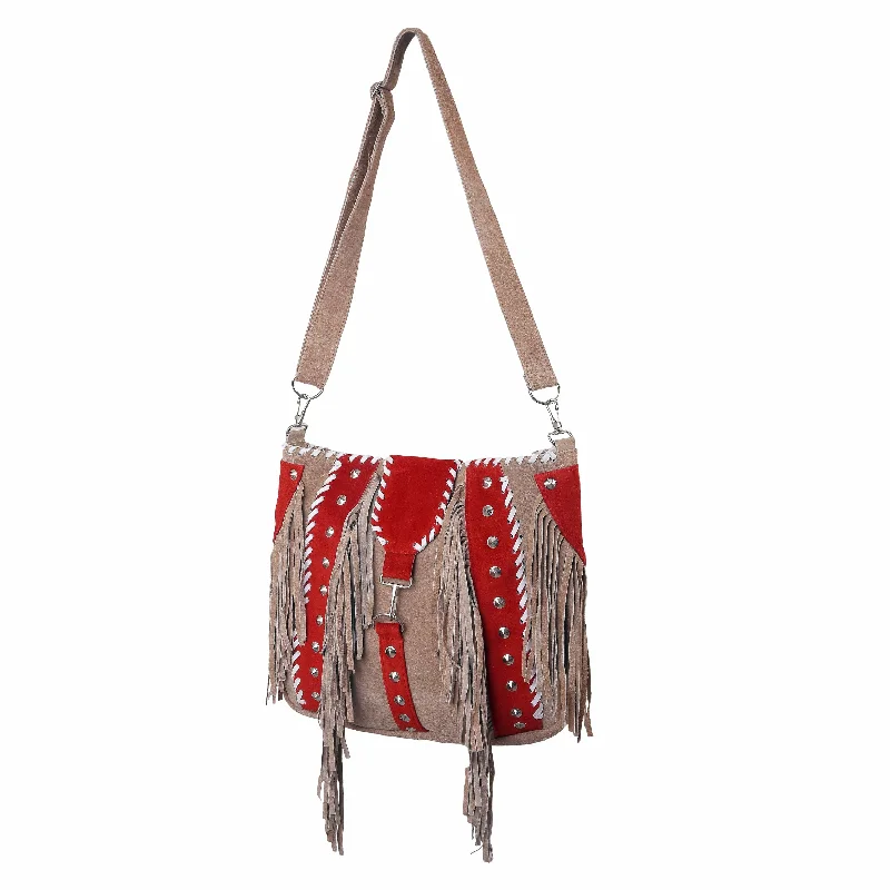 Red Suede Leather Western Style Handbag With Fringes and Studs