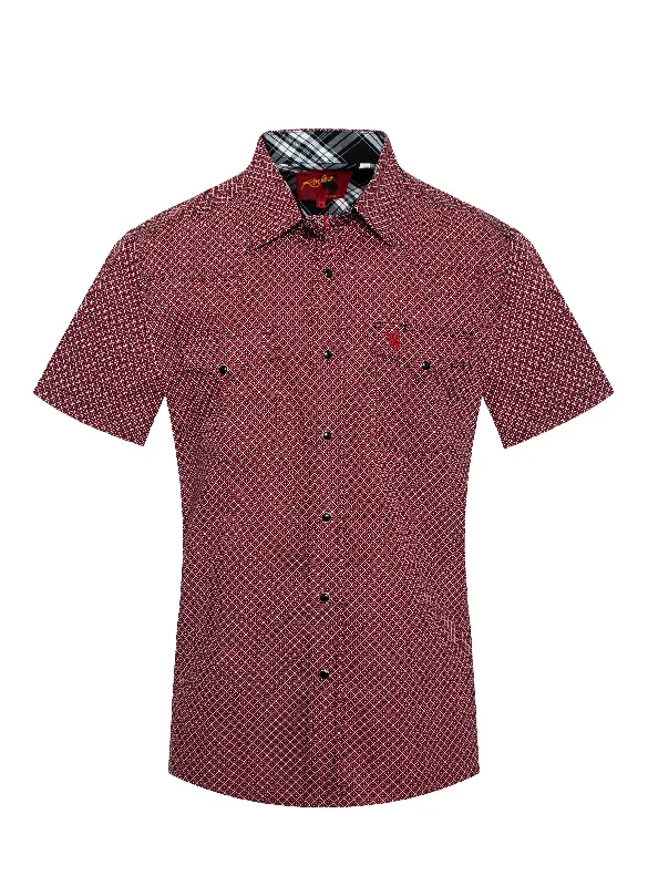 Men's Red Print Short Sleeve Western Shirt