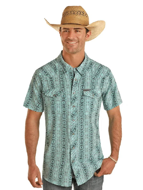 Panhandle TMN3S03501 Mens Short Sleeve Performance Snap Shirt Aztec Turquoise