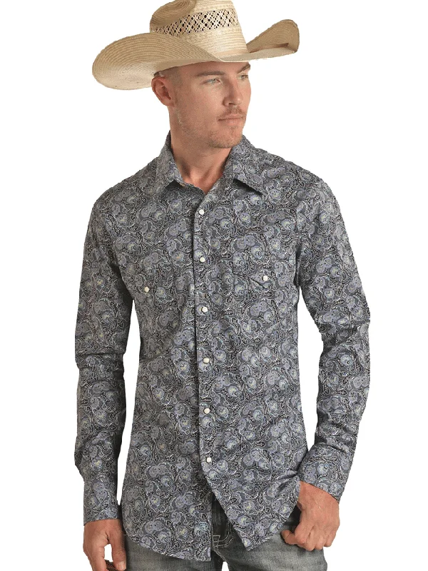 Rock & Roll Denim BMN2S03340 Mens Long Sleeve Paisley Snap Shirt Blue