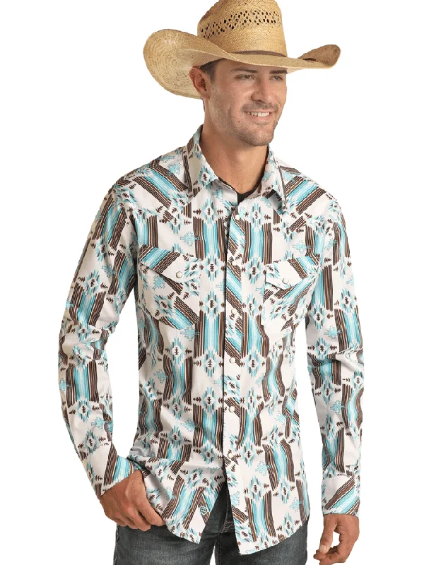 Rock & Roll Denim BMN2S03359 Mens Aztec Print Long Sleeve Snap Shirt Turquoise