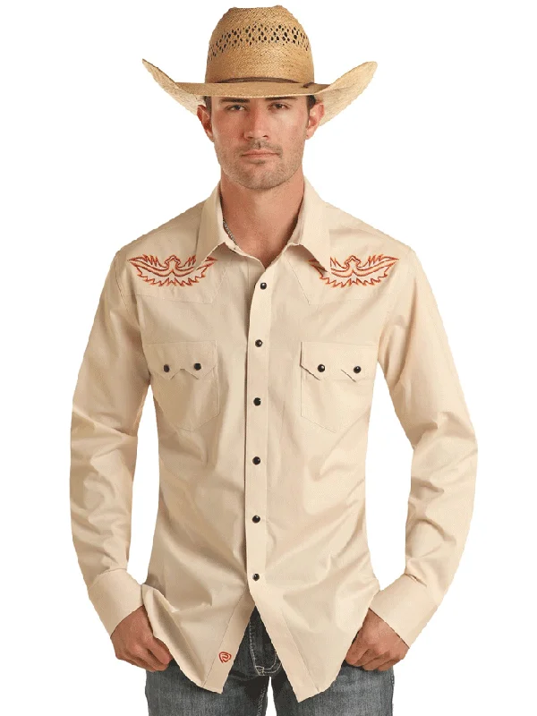 Rock & Roll Denim BMN2S03360 Mens Long Sleeve Embroidery Snap Shirt Beige