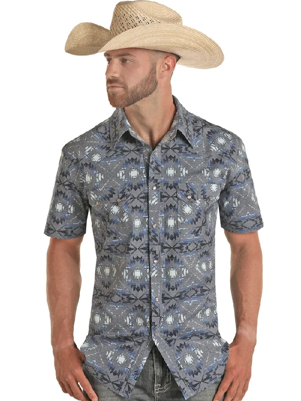 Rock & Roll Denim BMN3S03344 Mens Aztec Print Short Sleeve Western Shirt Blue