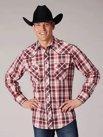 Roper 01-001-0016-4061 Mens Long Sleeve Snap Plaid Western Shirt Red