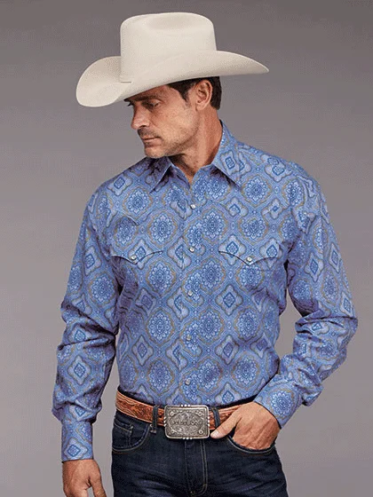 Stetson 11-001-0425-5020 Mens Chambray Medallion Paisley Western Shirt Blue