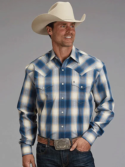 Stetson 11-001-0478-2040 Mens Dobby Plaid Western Shirt Blue