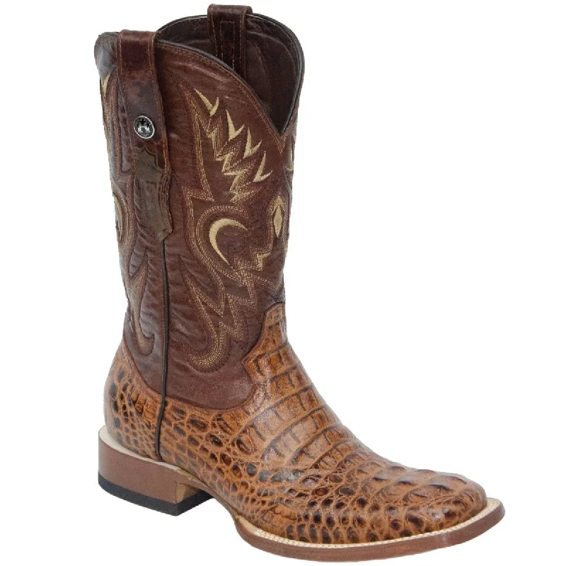 Tanner Mark Men's Print Caiman Hornback Square Toe Boots Cognac TM201700