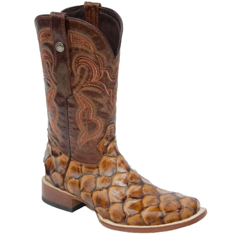 Tanner Mark Men's Print Monster Fish Square Toe Boots Cognac TM201715