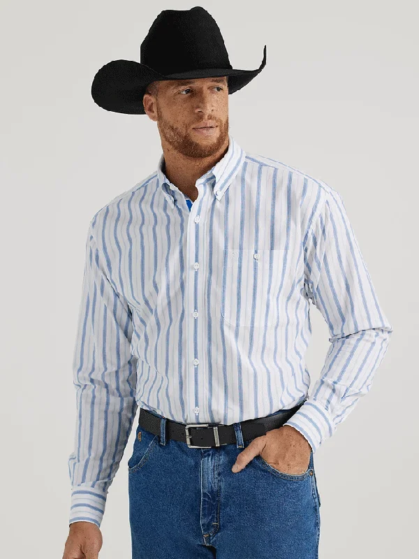 Wrangler 112344872 Mens George Strait Collection Long Sleeve Shirt Blue Smoky Stripes